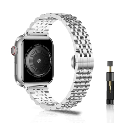 NicMool Damen Metall Armband für Apple Watch 38mm 40mm 41mm 42mm, Slim Edelstahlarmband für Apple Watch Series 10 42mm/iWatch Series 9/8/7/6/5/4/3/2/1/SE - Silber von NicMool