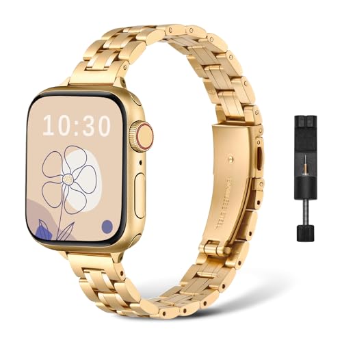 NicMool Metall Armband für Apple Watch 42mm 44mm 45mm 46mm 49mm, Damen Slim Edelstahlarmband für iWatch Ultra 2/Ultra, iWatch Series 10/9/8/7/6/5/4/3/2/1/SE/SE 2 - Gold von NicMool