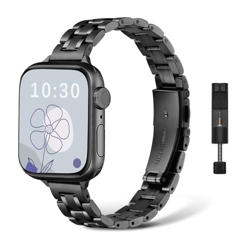 NicMool Metall Armband für Apple Watch 38mm 40mm 41mm 42mm, Damen Slim Edelstahlarmband für Apple Watch Series 10 42mm, iWatch Series 9/8/7/6/5/4/3/2/1/SE/SE 2 - Schwarz von NicMool