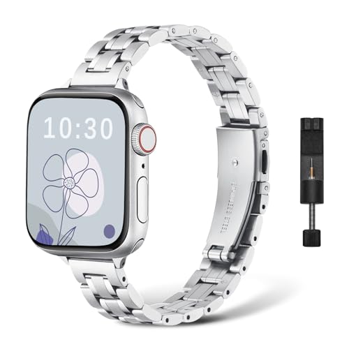 NicMool Metall Armband für Apple Watch 38mm 40mm 41mm 42mm 44mm 45mm 49mm, Damen Slim Edelstahlarmband für iWatch Ultra 2/Ultra, iWatch Series 9/8/7/6/5/4/3/2/1/SE/SE 2 - (Silber,38mm 40mm 41mm) von NicMool