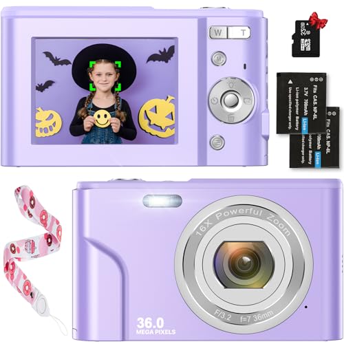 Digitalkamera, HD 1080P 36MP Fotokamera Kompaktkamera, Digitalkameras mit Micro SD-Karte, Wiederaufladbare Digital Kamera mit 16X Digitalzoom für Kinder, Erwachsene, Mädchen, Jungen(violett) von Nicamery
