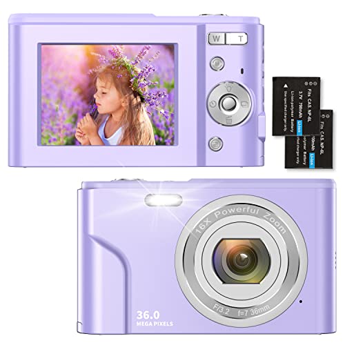 Digitalkamera 1080P HD Kompaktkamera 36 Megapixel Mini-Videokamera 2,4" LCD Digitalkamera Wiederaufladbare Fotokamera mit 16X Digitalzoom für Studenten/Erwachsene/Kinder/Anfänger (Bläulich Lila) von Nicamery