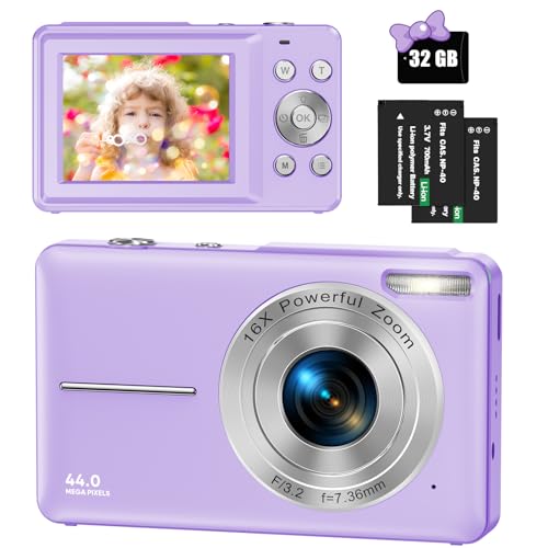 Digitalkamera 44MP 1080P HD Fotokamera mit 32GB Karte, Kompaktkamera 16X Digitalzoom mit 2 Wiederaufladbare Batterien, Fotoapparat für Kinder, Teenager, Anfänger, Jungen, Mädchen(Lila) von Nicamery