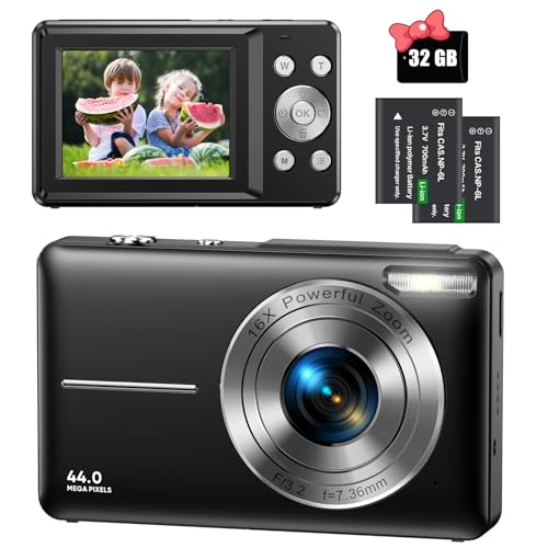 Digitalkamera 44MP 1080P HD Fotokamera mit 32GB Speicherkarte, Kompaktkamera 16X Digitalzoom mit 2 Wiederaufladbaren Akkus, Fotoapparat für Kinder, Teenager, Anfänger, Jungen, Mädchen(Schwarz) von Nicamery