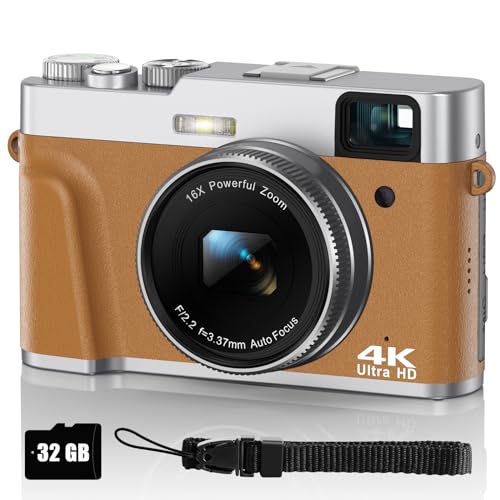 Digitalkamera 4K 48MP Fotoapparat Autofokus mit 32G SD-Karte, Kompaktkamera Fotokamera mit Optischer Sucher 16X Zoom 2 Akkus Einfach zu Bedienen, Geeignet für Anfänger, Erwachsene, Jugendliche(Braun) von Nicamery