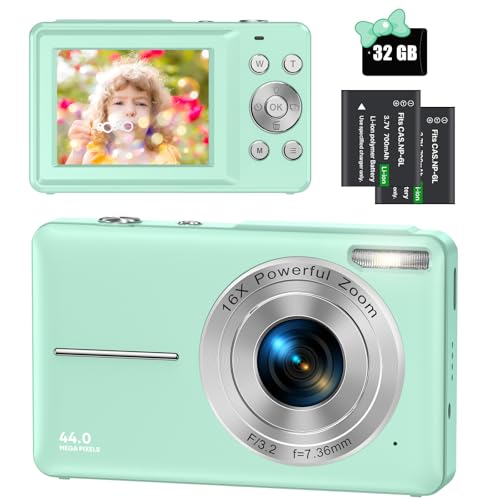 Digitalkamera Fotokamera 44MP 1080P, Fotoapparat Digitalkamera mit 32GB Speicherkarte, Kompaktkamera 16X Digitalzoom mit 2 Wiederaufladbaren Akkus für Kinder, Teenager, Anfänger, Jungen, Mädchen(Grün) von Nicamery