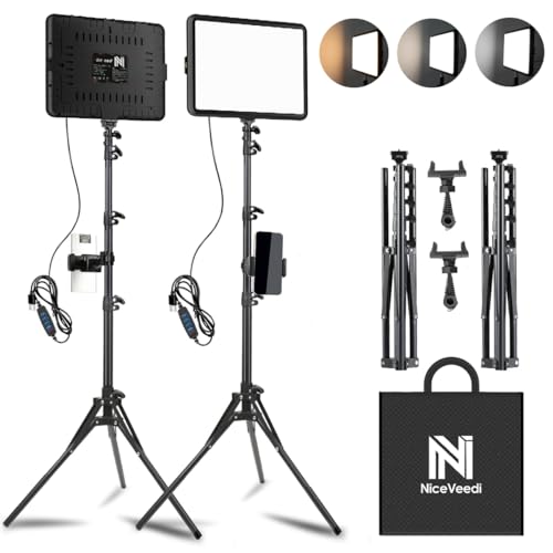 NiceVeedi 2 Stück LED VideoLicht Set, 2800–6500K, Dimmbar, Kontinuierliche Fotografie-Beleuchtung mit 1.6m Stativständer und Handyhalterung, Studio-Licht für Videoaufnahmen, YouTubee (15W 2-Pack) von NiceVeedi