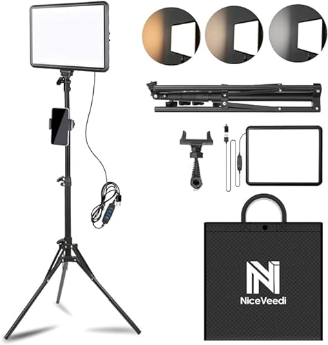 NiceVeedi LED Videolicht Panel Set mit Stativ, 2800–6500K Kontinuierliche Fotografie-Beleuchtung mit 1.6m Ständer und Handyhalterung, Studio-Licht für Videoaufnahmen/Live Gaming/YouTubee(15W 1-Pack) von NiceVeedi