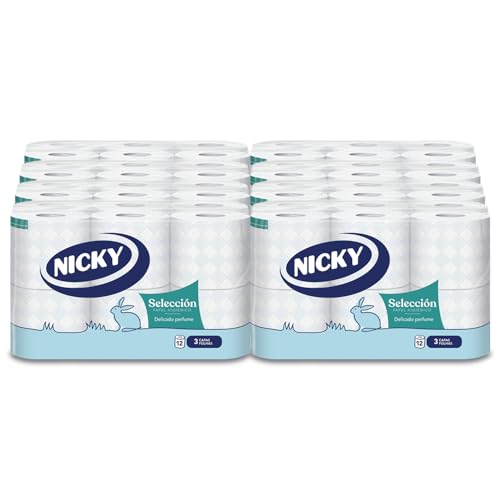 Nicky Auswahl Toilettenpapier, Packung mit 96 Rollen, 150 Blatt mit 3 Schichten, mit Talkduft, extra weiches, dermatologisch getestetes Papier, recycelbare Verpackung, 100% reine Zellulose, von Nicky