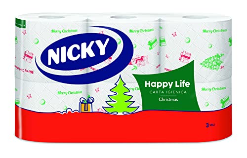 Nicky Happy Life Weihnachten Toilettenpapier 42 Rollen mit 170 Tränen 3-lagiges Papier Leicht zu öffnen 4 Designs mit Weihnachtsdekorationen Weich und Langlebig Frohe und Festival FSC Papier von Nicky