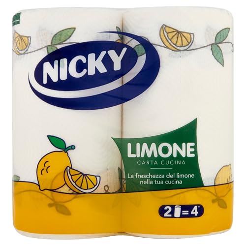 Nicky Limone Küchenpapier, 2 Rollen mit je 100 Blatt, saugfähig, 2-lagig, dick und robust, frischer Zitronenduft, 100% FSC-zertifiziertes Papier von Nicky