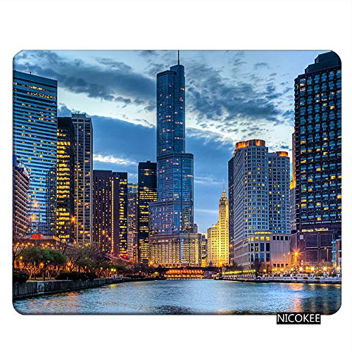 Nicokee Chicago Gaming Mousepad City Chicago Skyline Sunset River Mousepad Mauspad für Computer Schreibtisch Laptop Büro 24,6 x 20,9 cm Rutschfestes Gummi von Nicokee