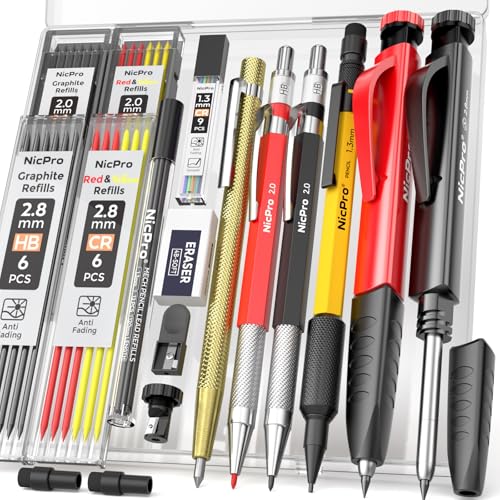 Nicpro 17 Stück Zimmermannsbleistifte mit Spitzer,Tieflochmarker, mechanische Tischlerbleistifte mit 57 Nachfüllminen,automatischer Mittelstanzer und Hartmetall-Anreißwerkzeug,robuster Bau-Bleistift Nicpro 17 Stück Zimmermannsbleistifte mit Spitzer,Tieflochmarker, mechanische Tischlerbleistifte mit 57 Nachfüllminen,automatischer Mittelstanzer und Hartmetall-Anreißwerkzeug,robuster Bau-Bleistift von Nicpro