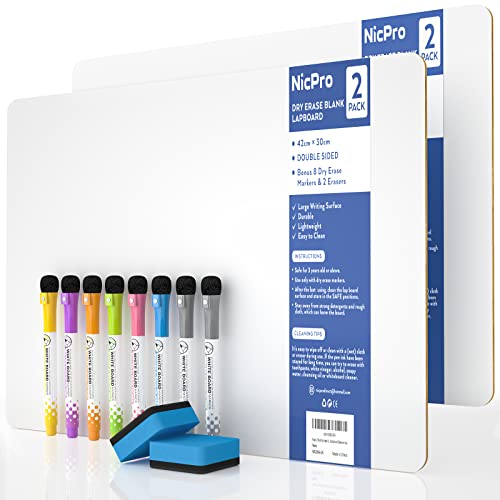 Nicpro 2 Stück Whiteboard Klein A3, Doppelseitiges Desktop Schreibtafel mit 8 Bunte Stifte, Schwamm, tragbares Mini Whiteboard für Kinder, Schüler, Klassenzimmer, Schulmaterial, Lernen (30 x 42 cm) von Nicpro
