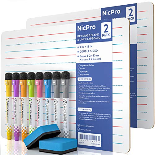 Nicpro 2 Stück Whiteboard Klein A4, Doppelseitiges Desktop Schreibtafel Liniert mit 8 Bunte Stifte, Schwamm, Tragbares Mini Whiteboard für Kinder, Schüler, Schulmaterial, Lernen(22 x 30 cm) von Nicpro