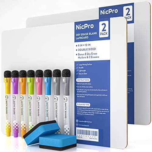 Nicpro 2 Stück Whiteboard Klein A4, Doppelseitiges Desktop Schreibtafel mit 8 Bunte Stifte, Schwamm, tragbares Mini Whiteboard für Kinder, Schüler, Klassenzimmer, Schulmaterial, Lernen (22 x 30 cm) von Nicpro