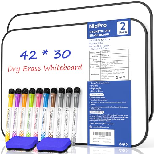 Nicpro 2PCS Klein Magnetisches Whiteboard A3, Mini Trocken Abwischbar Magnettafel Doppelseitiges mit 8 Bunte Stifte für Kinder, Schüler, Klassenzimmer, Schulmaterial, Lernen, Schreiben(30 x 42 cm) von Nicpro