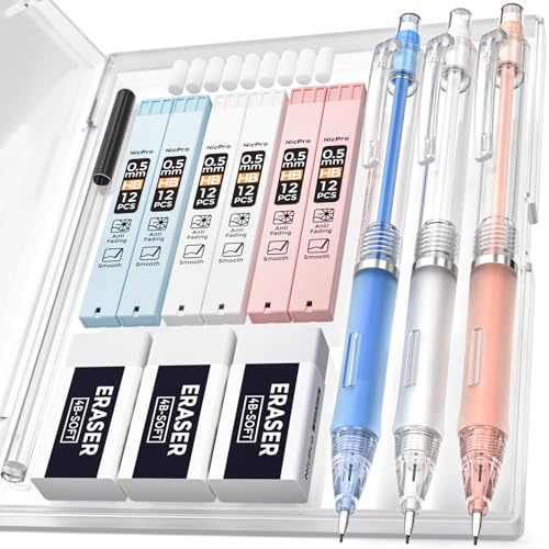 Nicpro 3 PCS Pastell Druckbleistift mit Etui für Schule, 0.5mm Fallminenstift mit 6 Dosen HB Bleistiftminen, Radiergummi, für Schüler Schreiben, Zeichnen, Skizzieren(Blau & Rosa & Weiße) von Nicpro