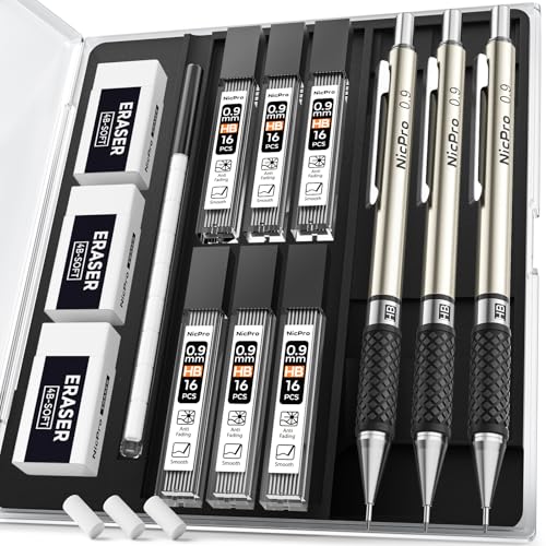 Nicpro 3 Stück Metall Druckbleistift Set mit Etui, Mechanische Bleistifte 0,9 mm Fallminenstift mit 6 Dosen HB Bleistiftminen, 3 Radiergummis, 9 Radiergummi-Minen, Schreiben, Zeichnen und Skizzieren Nicpro 3 Stück Metall Druckbleistift Set mit Etui, Mechanische Bleistifte 0,9 mm Fallminenstift mit 6 Dosen HB Bleistiftminen, 3 Radiergummis, 9 Radiergummi-Minen, Schreiben, Zeichnen und Skizzieren von Nicpro