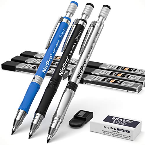 Nicpro 3 Stücke Druckbleistifte Set Fallminenstift Mechanische Bleistifte 2mm mit 6 Dosen Bleimine (HB 2B), Radiergummis, Anspitzer für Schreiben Zeichnen von Nicpro