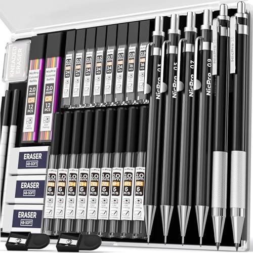 Nicpro 34-teiliges Druckbleistift Set, Metall schwarzes Druckbleistift Set, 0,3, 0,5, 0,7, 0,9 mm und 2 mm Minenhalter (6B, 4B, 2B, HB, 2H, 4H, CR) zum Skizzieren, Zeichnen, mit 19 Röhrchen Minen von Nicpro
