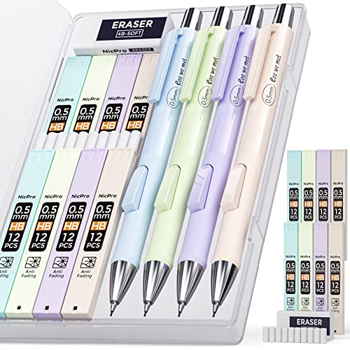 Nicpro 4 PCS Pastell Druckbleistift 0,5 mm, Niedliches Bleistifte mit 8 Röhren HB Bleistiftminen, Radiergummis, Fallminenstift für Schüler Schreiben Zeichnen Skizzieren mit Etui von Nicpro