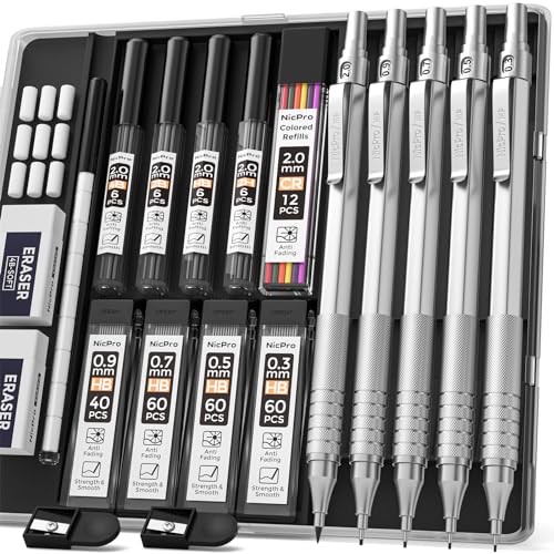 Nicpro 5 Stücke Druckbleistifte Set Metall Mechanische Bleistifte 0,3 & 0,5 & 0,7 & 0,9 mm & 2mm Fallminenstift (4B 2B HB 2H) mit Bleistiftminen (Schwarz & Farben) Radiergummi Etui für Zeichnen von Nicpro