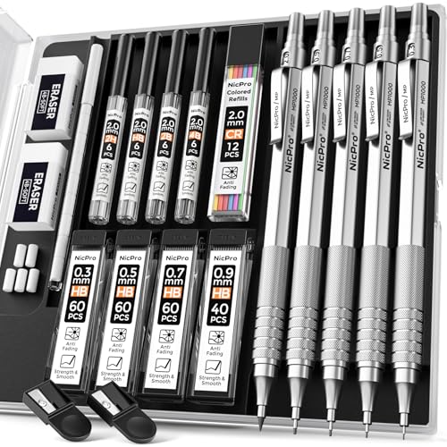 Nicpro 5 Stücke Druckbleistifte Set Metall Mechanische Bleistifte 0,3 & 0,5 & 0,7 & 0,9 mm & 2mm Fallminenstift (4B 2B HB 2H) mit Bleistiftminen (Schwarz & Farben) Radiergummi Etui für Zeichnen von Nicpro