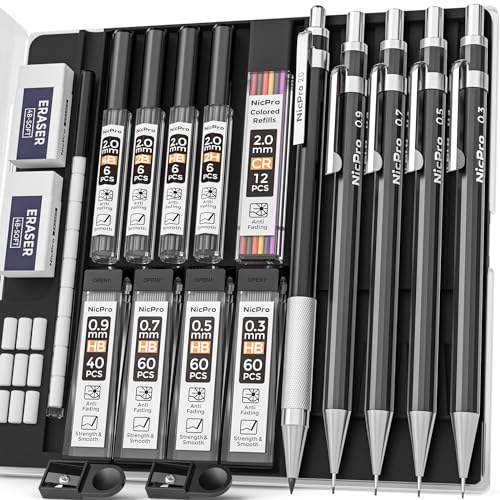 Nicpro 5 Stücke Schwarz Metall Druckbleistift Set im Etui, Künstler Bleistifte mit 9 Dosen Ersatzminen 0,3, 0,5, 0,7, 0,9 und 2 mm (2H HB 2B 4B Farbe), 2 Radiergummis, zum Skizzieren und Zeichnen von Nicpro