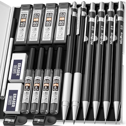 Nicpro 6 PCS Druckbleistifte Set mit Etui, Metall Mechanische Bleistifte 0,3, 0,5, 0,7, 0,9 & 2 mm Fallminenstift mit 8 Röhrchen Bleistiftminen (4B 2B HB 2H), Radiergummis, für Schreiben, Skizzieren von Nicpro