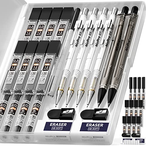 Nicpro 6 Stück Druckbleistifte Set, Mechanische Bleistifte 0,5 mm, 0,7 mm, 0,9 mm, 2mm Fallminenstift mit 12 Dosen Bleistiftminen (2B HB 2H 4B) & 2 Radiergummis Anspitzer Etui für Schreiben, Zeichnen von Nicpro