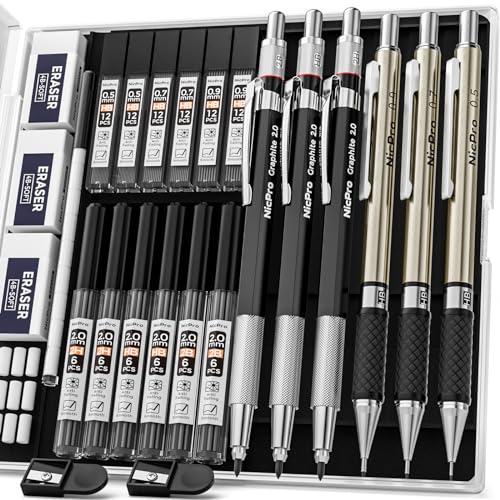 Nicpro 6 Stück Druckbleistifte Set, Metall Mechanische Bleistifte 0,5 mm, 0,7 mm, 0,9 mm, 2mm Fallminenstift (2B HB 2H) mit 12 Dosen HB Bleistiftminen & 2 Radiergummis, Etui für Schreiben, Zeichnen von Nicpro