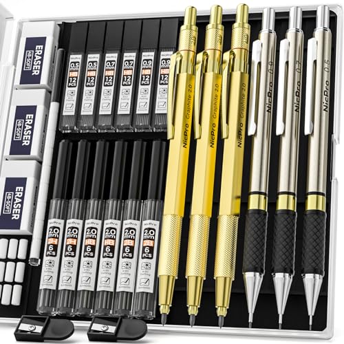 Nicpro 6 Stück Metall Druckbleistifte Set mit Etui, Goldenes Bleistifte 0,5 & 0,7 & 0,9 & 2.0 mm Fallminenstift(2B HB 2H) mit 12 Dosen Bleistiftminen, zum Schreiben, Skizzieren und Zeichnen von Nicpro