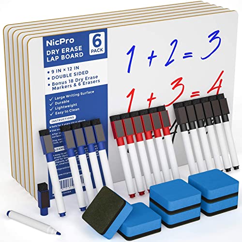 Nicpro 6 Stück Whiteboard Klein A4, Doppelseitiges Desktop Schreibtafel mit 18 Stifte, 6 x Schwamm, tragbares Mini Whiteboard für Kinder, Schüler, Klassenzimmer, Schulmaterial, Lernen (22 x 30 cm) von Nicpro