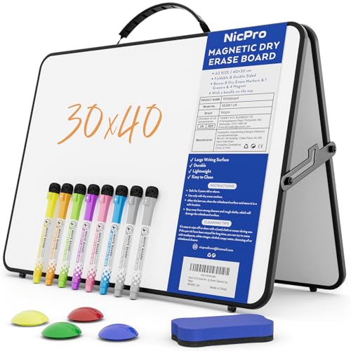 Nicpro A3 Whiteboard, trocken abwischbar, 30 x 42 cm, faltbar, doppelseitig, magnetisch, Schreibtisch-Whiteboard mit 8 Stiften, 1 Radiergummi, 4 Magneten, tragbare Schreibstaffelei für Kinder, von Nicpro