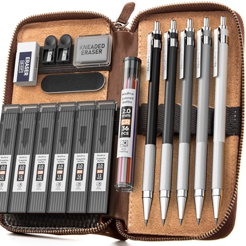 Nicpro Druckbleistifte für Kunstzeichnungen Skizzieren Metall Fallminenstift mit Lederetui, 5 Stück 2 mm (4B 2B HB 2H 4H) 6 Dosen Bleistiftminen(Schwarz und Farben), Radiergummis, Spitzer von Nicpro