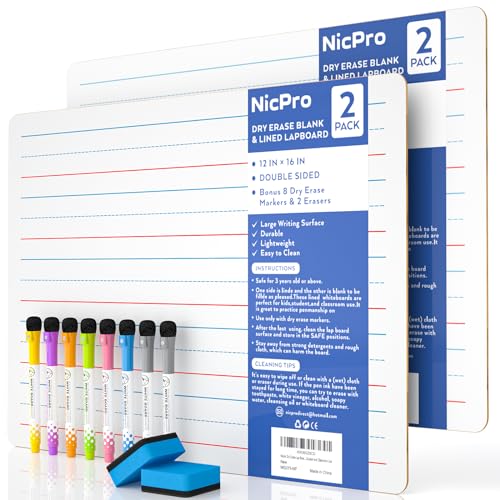 Nicpro Trocken abwischbares Lapboard 30.5x40.6 cm, 2 Stück, liniert, doppelseitig, blanko und liniert, kleines Lapboard mit 8 Stiften, Lern-Mini-Whiteboard, tragbar für Schüler und Klassenzimmer von Nicpro