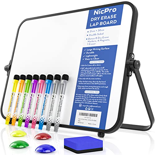 Nicpro Trockenlöschung Kleines Whiteboard A4 mit Ständer, Doppelseitiges Magnetische Desktop Schreibtafel mit 8 Stiften, 4 Magnet, Schwamm, für Studenten, Klassenzimmer, Büro(21 x 30 cm) von Nicpro