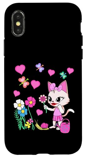 Katze Sommer Blumen Retro Katzen Garten Kinder Kind Blume Hülle für iPhone X/XS von Niedliche Tiere für Kinder
