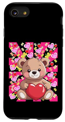 Retro 80er Sommer Kind Teddy Erdbeeren Vintage Herz Kinder Hülle für iPhone SE (2020) / 7 / 8 von Niedliche Tiere für Kinder