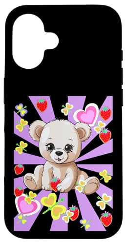 Sommer Sommerzeit Erdbeeren Teddy Kinder Teddybär Retro 80er Hülle für iPhone 16 von Niedliche Tiere für Kinder