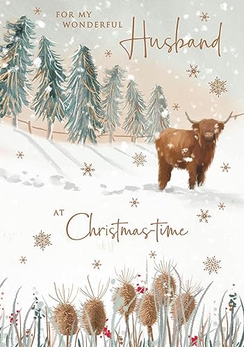 Nigel Quiney Weihnachtskarte für den Ehemann, Hochlandkuh und Disteln mit Folien-Finish, umweltfreundlich und recycelbar von Nigel Quiney