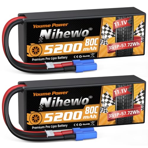 2Packs 3S Lipo Akku, Nihewo RC Lipo Akku 11.1V 5200mAh 80C Hardcase Lipo Akkus EC5 Stecker Kompatibel mit 1/8 1/10 RC Auto Truck Truggy Fahrzeuge Tank Boot Flugzeug Helikopter Modelle von Nihewo