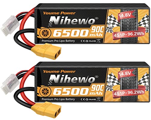 2Packs 4S Lipo Akku, Nihewo 14.8V RC Akku 6500mAh 90C Hard Case Lipo Akku XT90 Stecker Kompatibel mit 1/5 1/6 1/7 1/8 RC Auto LKW Fahrzeuge Truggy Buggy Modelle von Nihewo