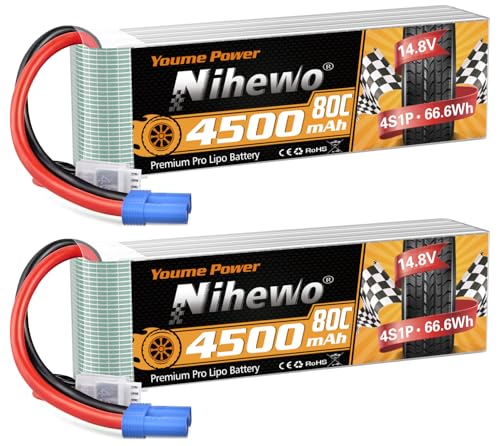 2Packs 4S Lipo Akku, Nihewo RC Akku 14.8V 4500mAh 80C mit EC5 Stecker Kompatibel mit 1/6 1/8 Maßstab RC Auto LKW Fahrzeug Flugzeug Hubschrauber Boot Tank Modelle von Nihewo