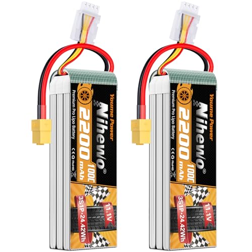 3S Lipo Akku 11,1 V 2200 mAh RC Lipo Akku Pack 100C mit XT60 Stecker Kompatibel mit RC Autos, LKWs, Booten, Flugzeuge, Hubschrauber, Drohne, FPV Racing Hobby Modelle (2 Pack) von Nihewo