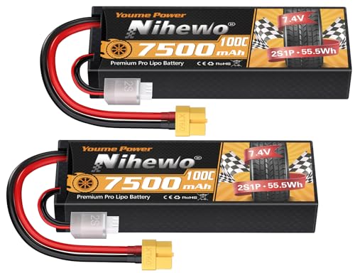 Nihewo 2Packs 2S Lipo Akku, 7,4V 7500mAh RC Akku 100C Hartschale Lipos XT60 Stecker Kompatibel mit 1/8 1/10 RC Car Truck Truggy Fahrzeugen Panzerboot Flugzeugmodellen Nihewo 2Packs 2S Lipo Akku, 7,4V 7500mAh RC Akku 100C Hartschale Lipos XT60 Stecker Kompatibel mit 1/8 1/10 RC Car Truck Truggy Fahrzeugen Panzerboot Flugzeugmodellen von Nihewo