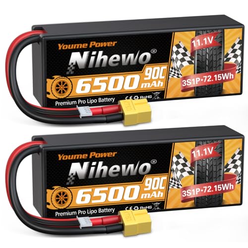 Nihewo 2Packs 3S Lipo Akku Pack,11.1V Lipo Akku 6500mAh 90C Hard Case Lipo Akkus XT60 Stecker Kompatibel mit 1/8 1/10 RC Auto Truck Truggy Fahrzeuge Tank Boot Flugzeug Modelle von Nihewo