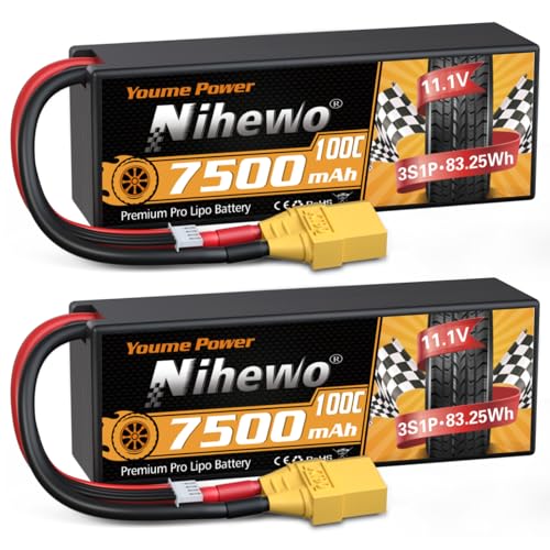 Nihewo 3S Lipo-Akku, 2 Packungen RC-Akku 11,1V 7500mAh 100C 3S Lipo-Hartschalengehäuse XT90-Anschluss kompatibel mit 1/8 1/10 RC-Auto-LKW, Truggy-Fahrzeugen, Tankboot-Flugzeugmodellen von Nihewo