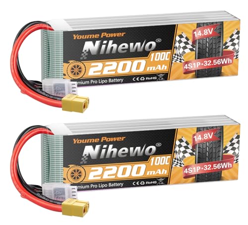 Nihewo 4S Lipo Akku 14.8V 2200mAh RC Akku Soft Case 100C mit XT60 Stecker für FPV Drohne RC Quadcopter Helikopter Flugzeug Auto LKW Boot RC Modelle (2 Stück) von Nihewo